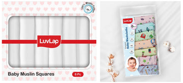 LuvLap 100% Cotton Muslin Baby Swaddle Set 6Pack 120x100cm Plain White & Hosiery Cotton Baby Washcloth Starfish Print 7Pack 22