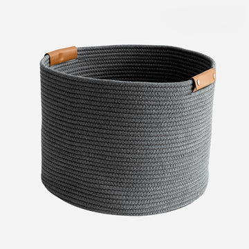 Large Cotton Woven Basket with PU Leather Handle, Baby Kids Clothes Toys Candy Gifts Organizer, Living Room Bathroom Shower Stor