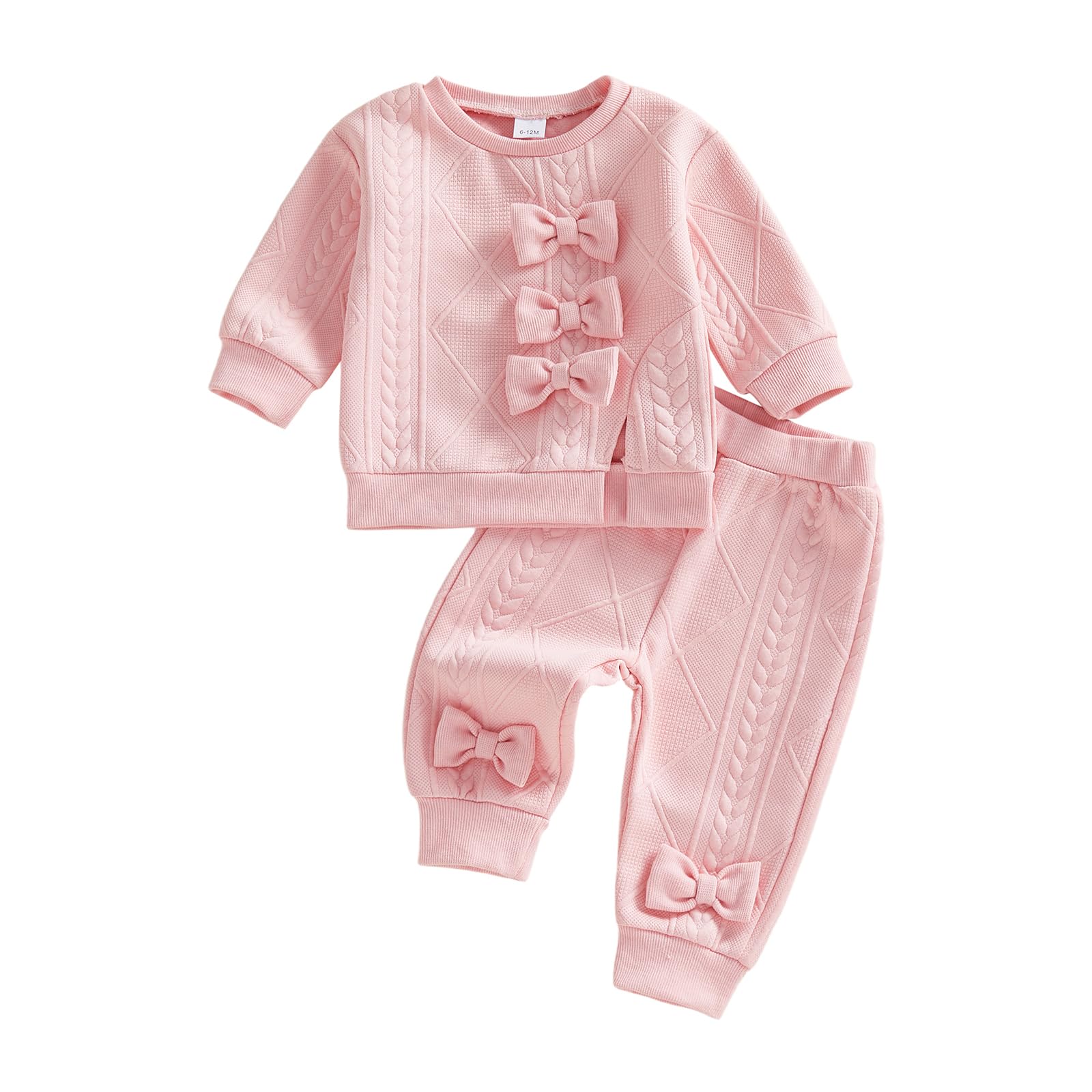 Toddler Baby Girl Outfits Long Sleeve Solid Sweatsuit Pants 2 Piece Clothes Fall Winter Infant Sweater Set 3M-5T (Pink Bow, 6-12
