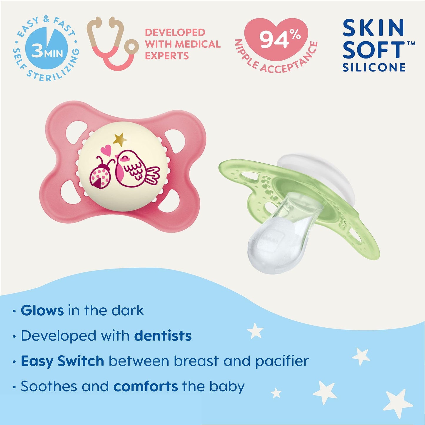 Mam Day & Night Pacifiers, Glow In The Dark Pacifier For Breastfed Babies, 0-6 Months, Baby Girl