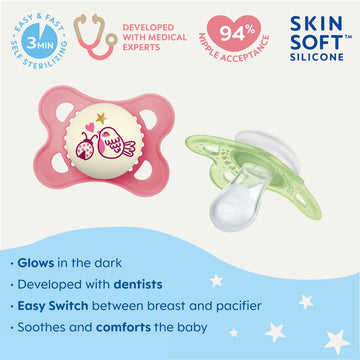 Mam Day & Night Pacifiers, Glow In The Dark Pacifier For Breastfed Babies, 0-6 Months, Baby Girl