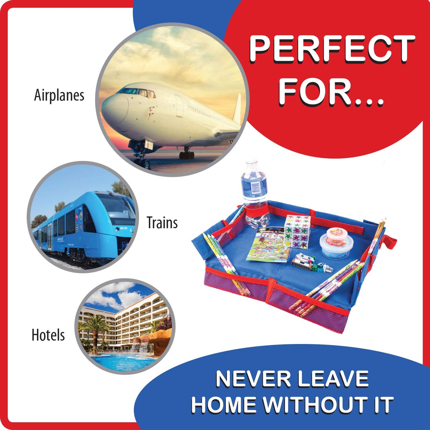 Fun N Fly Foldable Travel Tray - Blue Red Portable Durable Kids, Toddler, Baby Play Space And Snack Desk For Airplane Travel By