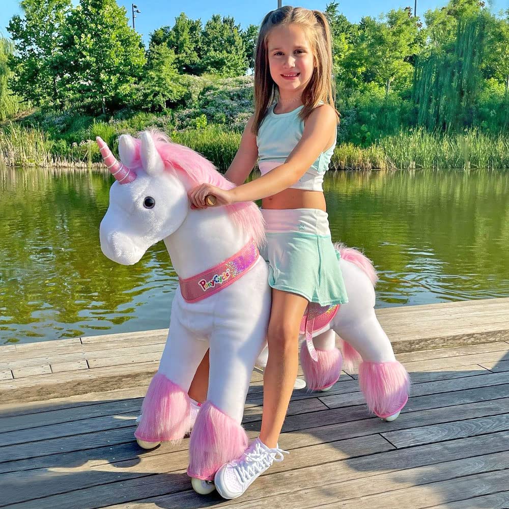 PonyCycle Official Classic U Series Ride on Horse Toy Plush Walking Animal Pink Unicorn Size 4 for Age 4-9 Ux402