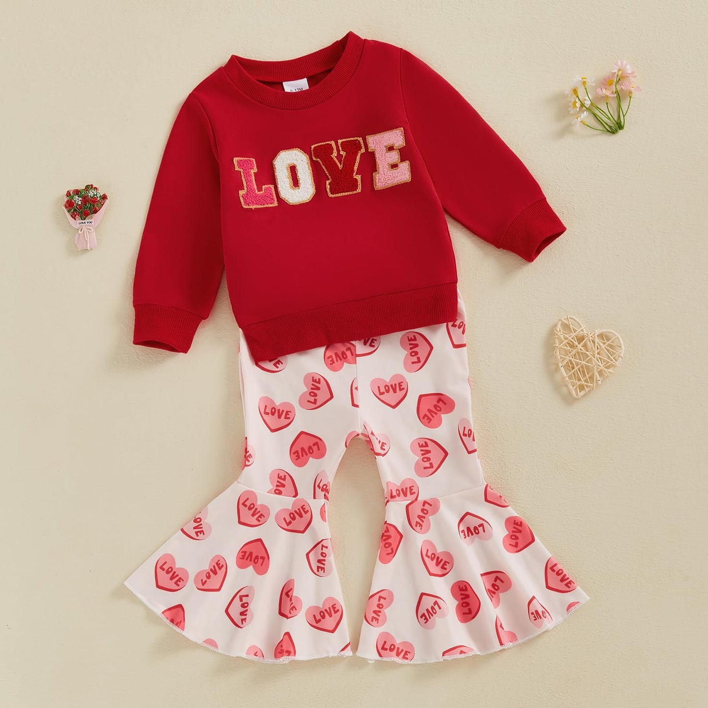 Iddolaka Toddler Baby Girls Valentines Day Outfits Long Sleeve Letter Sweatshirt Shirt Heart Flared Pants Spring Clothes (L-Love