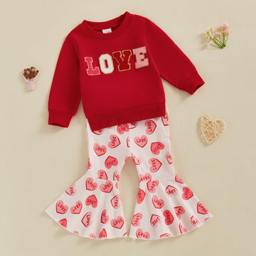Iddolaka Toddler Baby Girls Valentines Day Outfits Long Sleeve Letter Sweatshirt Shirt Heart Flared Pants Spring Clothes (L-Love