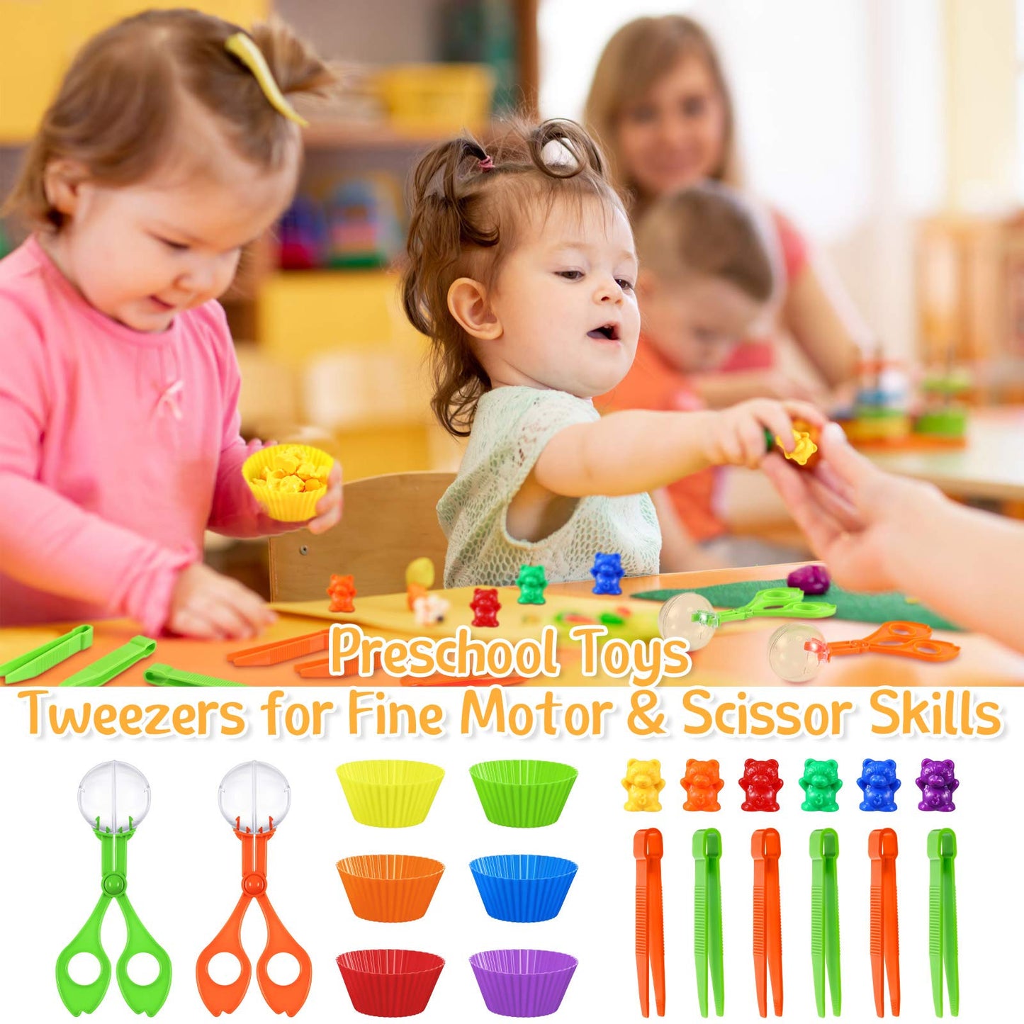 74 Pieces Counting Sorting Bears Fine Motor Skills Handy Scoopers Set Includes 60 Cute Rainbow Sorting Bears, 6 Jumbo Tweezers,