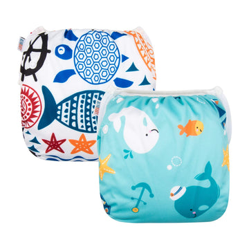 Alvababy 2Pcs Swim Diapers Baby & Toddler Snap One Size Reusable Adjustable Baby Boy Cartoon Fish Small Dyk05-06
