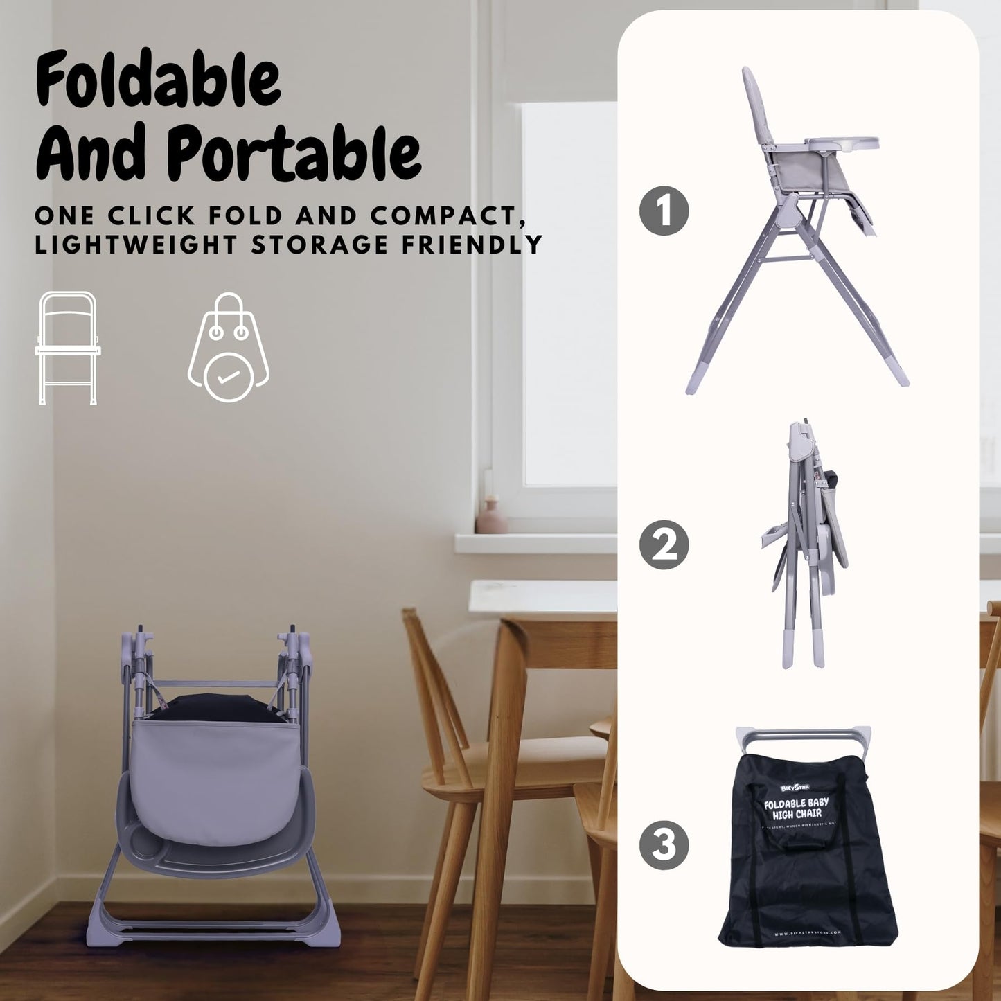 Bicystar Foldable Baby High Chair With Easy Clean Double-Layer Tray, Adjustable Foot Rest, Safety First 5 Point Harness, Compact