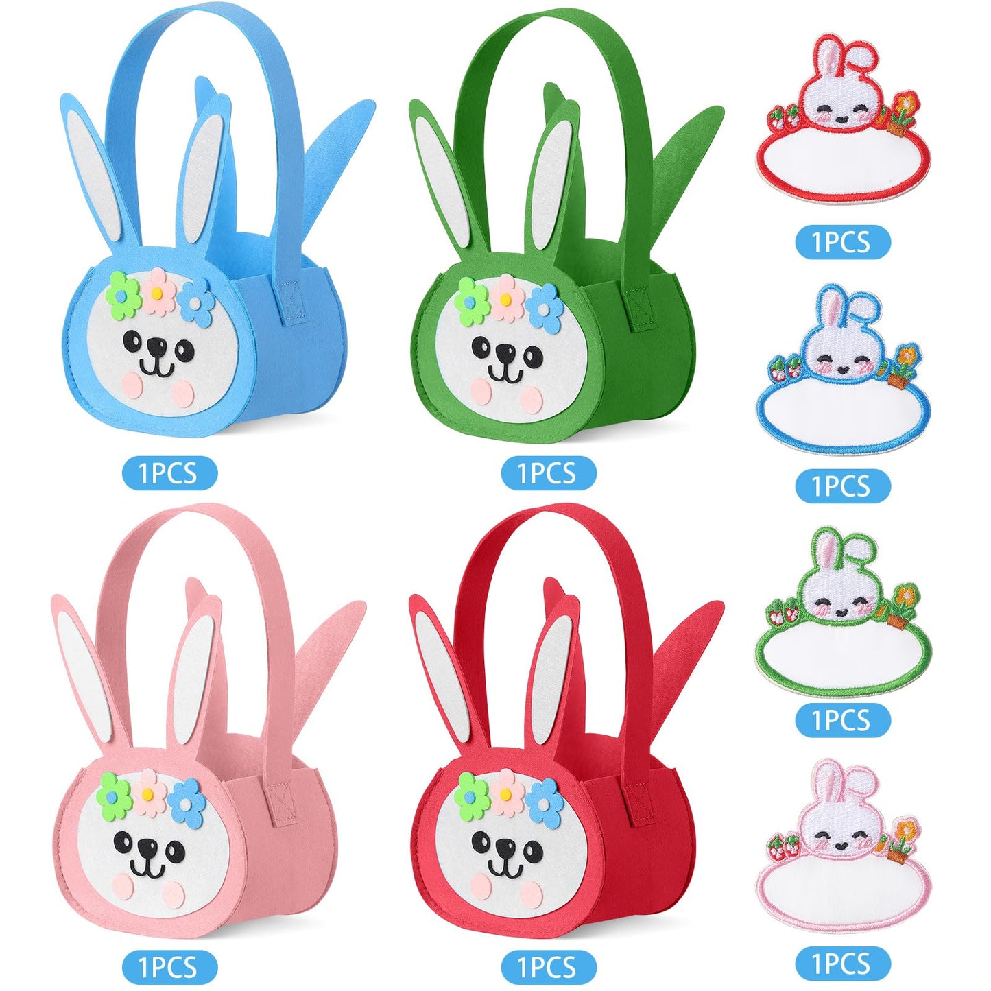 Silifine 12 Pcs Felt Easter Bunny Basket Bag With Name Stickers Set 8' Easter Egg Hunt Bags Bulk For Kids Gift Baskets Rabbit T