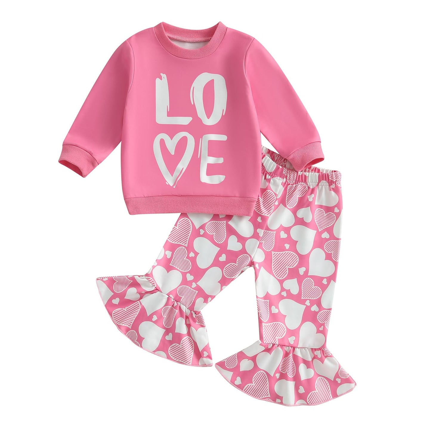 Engofs Toddler Baby Girl Valentines Day Outfit Long Sleeve Letter Print Sweatshirt Flared Pants Set (V4 Pink Heart, 6-12 Months)