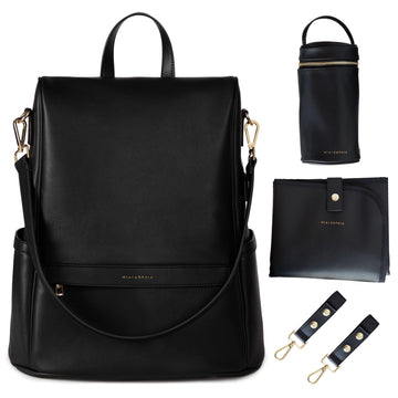 Mia + Sophia Leather Diaper Bag Backpack With Usb Charging Port, Changing Pad, Stroller Straps, And Bottle Holder (Black Mia)