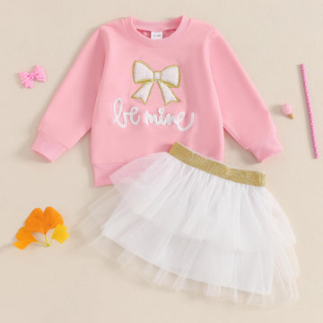 Toddler Baby Girl Valentine'S Day Outfit Love Heart Bow Sweatshirt And Tulle Tutu Skirts Little Girls Spring Clothes (White Be M