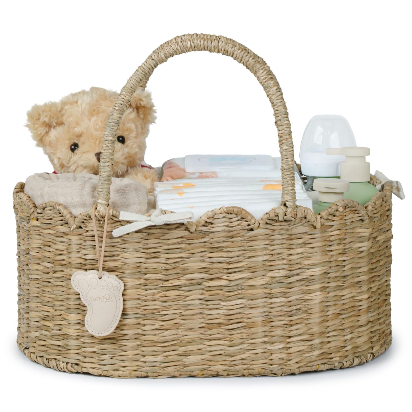 YANGQIHOME Diaper Caddy Organizer, Seagrass Nursery Baby Basket for Baby Essentials, Scalloped Wicker Diaper Caddy, Baby Shower 