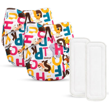 Glun Printed Reusable Baby Cloth Diaper Pack Of 2, Multicolour Colour Alphabet Print, Comfort & Protection, Leakproof & High Abs