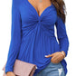 Tankaneo Women V-Neck Front Knotted Blouse Shirt Long Sleeve Elegant Casual T-Shirt Solid Color Pullover Tops