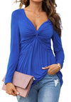 Tankaneo Women V-Neck Front Knotted Blouse Shirt Long Sleeve Elegant Casual T-Shirt Solid Color Pullover Tops