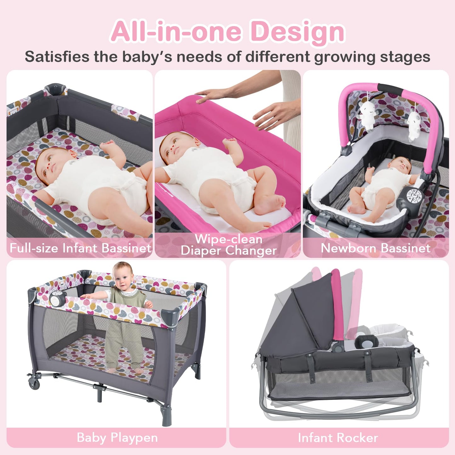Honey Joy Pack And Play With Bassinet, Infant Nursery Center Pack And Play W/Newborn Cradle & Hanging Toys, Diaper Storage Bag,
