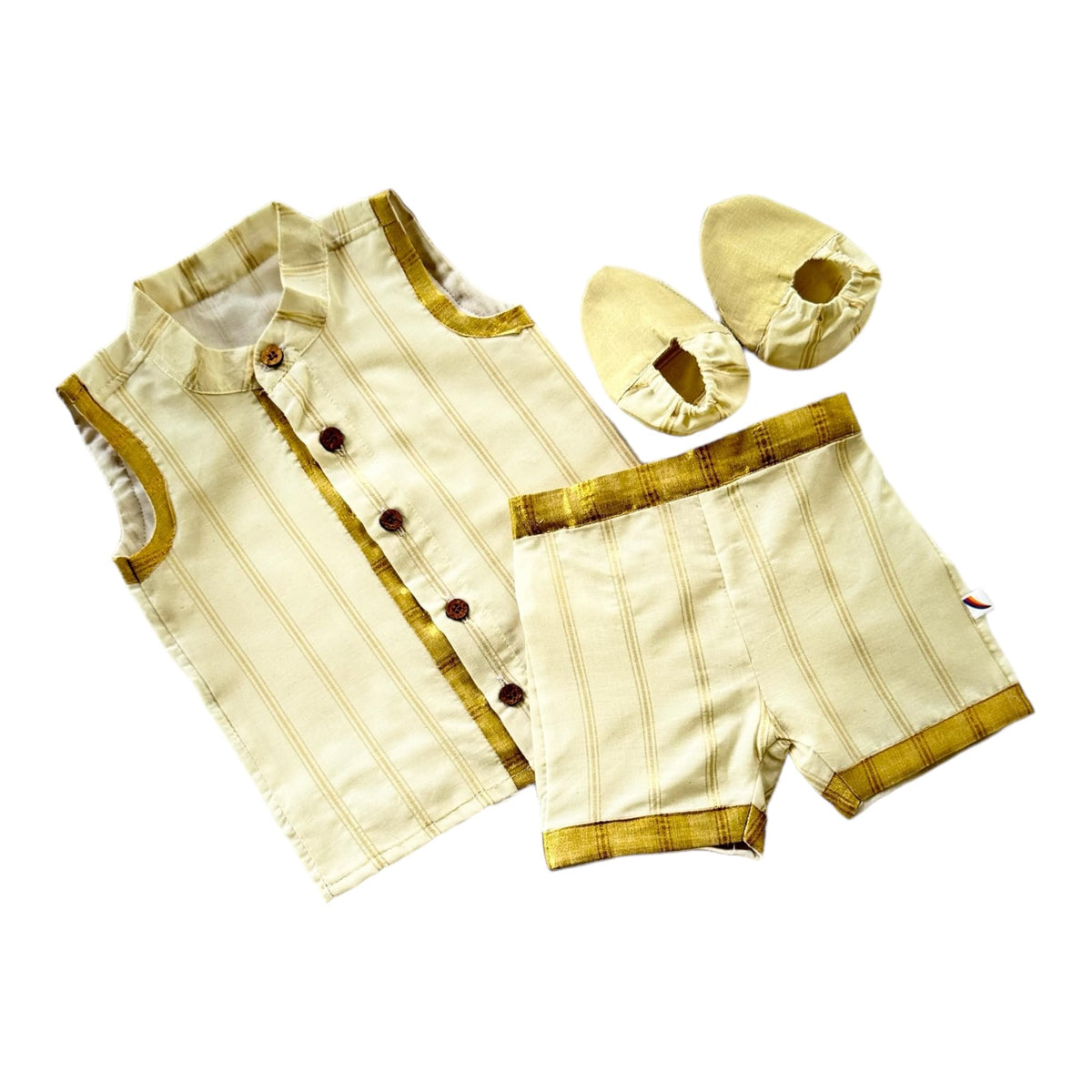 Picksparrow Baby Boy Kerala Cotton JhablaShorts With Booties Set (KasavuStripes, 612 Months), Beige
