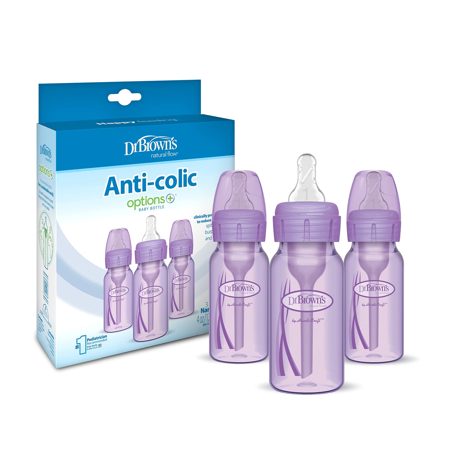 Dr. Brown? Natural Flow? Anti-Colic Options+Narrow Baby Bottles 4 Oz/120 Ml, With Level 1 Slow Flow Nipple, 3 Pack, 0M+ Blue