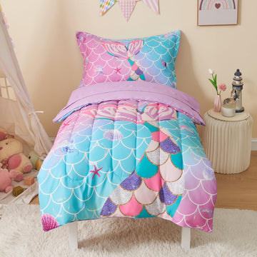 Suchbed Mermaid Tail Toddler Bedding Set Crib Bedding Set For Girls 4 Pieces With Toddler Comforter, Toddler Bed Sheets, Pillowc
