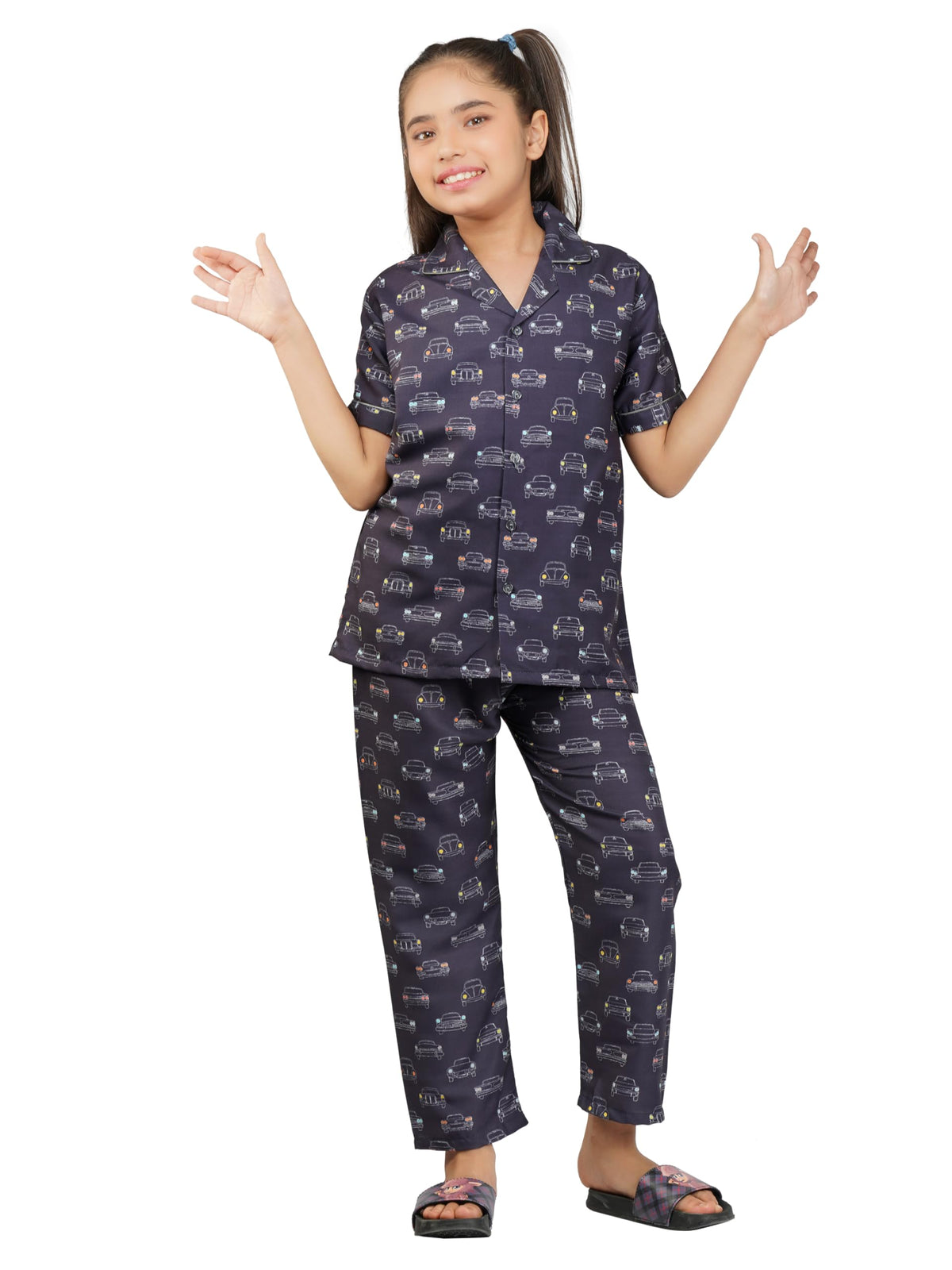 SAND DUNE Girls Regular Fit Short Sleeves Printed Shirt and Pyjamas Set Dark Grey