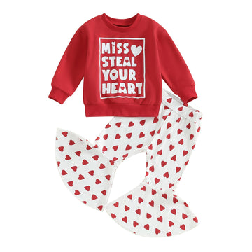 Toddler Baby Girl Valentines Outfit Daddy 'S Valentine Crewneck Sweatshirt Shirts Flare Pant Valentines Clothes (Red - Miss. Ste