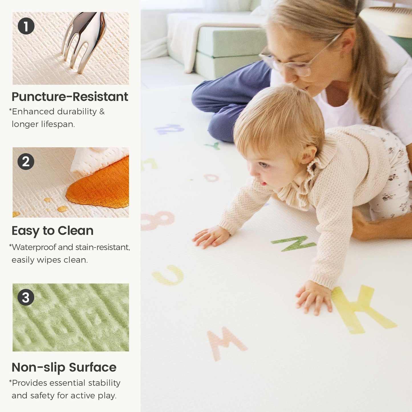 Tiny Land Baby Crawling Mat Reversible Baby Play Mat 78' X 55' Waterproof Non-Slip Larger Playmat Odorless Foam Floor Mat For