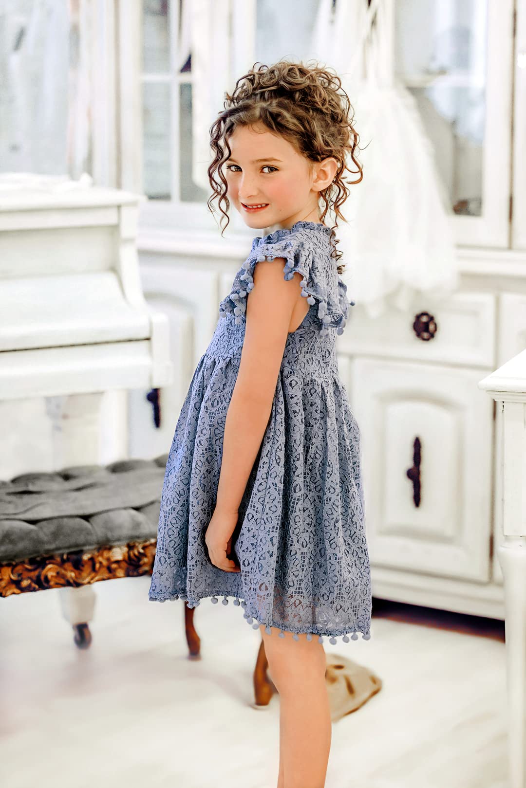 2Bunnies Girl Baby Toddler Vintage Lace Pom Pom Flutter Sleeve Easter Birthday Outfit Dress (Dusty Blue, 6M)