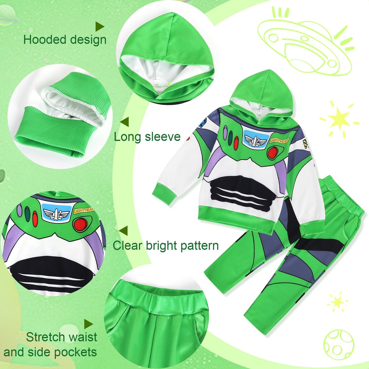 Eledobby Buzz Lightyear Costume For Boys Sweatshirt Halloween Outfits Hoodie+Pants Set Buzz Clothes Green Size 7-8 Years