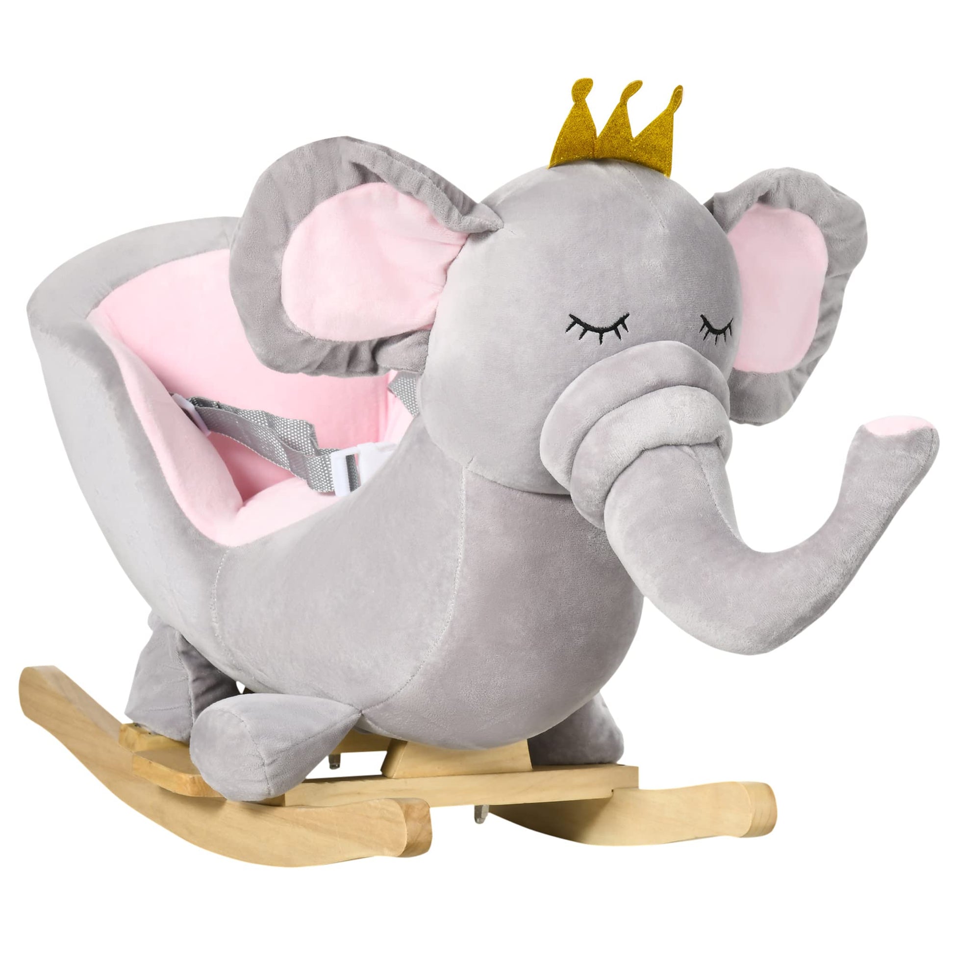 Qaba Baby Rocking Horse Elephant Rocking Chair Toddler Rocker Toy with Sound Wooden Base Seat Safety Belt for 1.5-3 Year Old, Gr