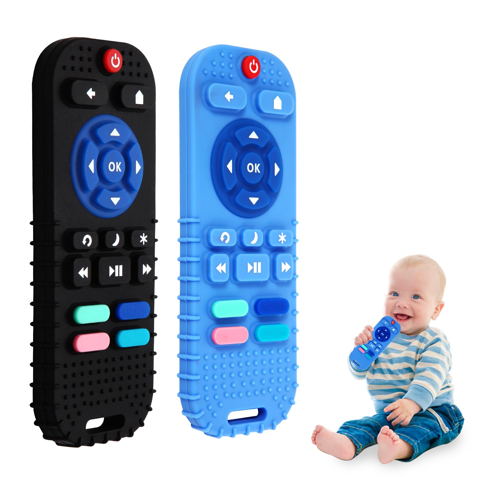 2 Pack Silicone Teethers for Babies 6-12 Months, Teething Toys for Babies 0-6 Months, Remote Teether for Baby, Sensory Toys for 