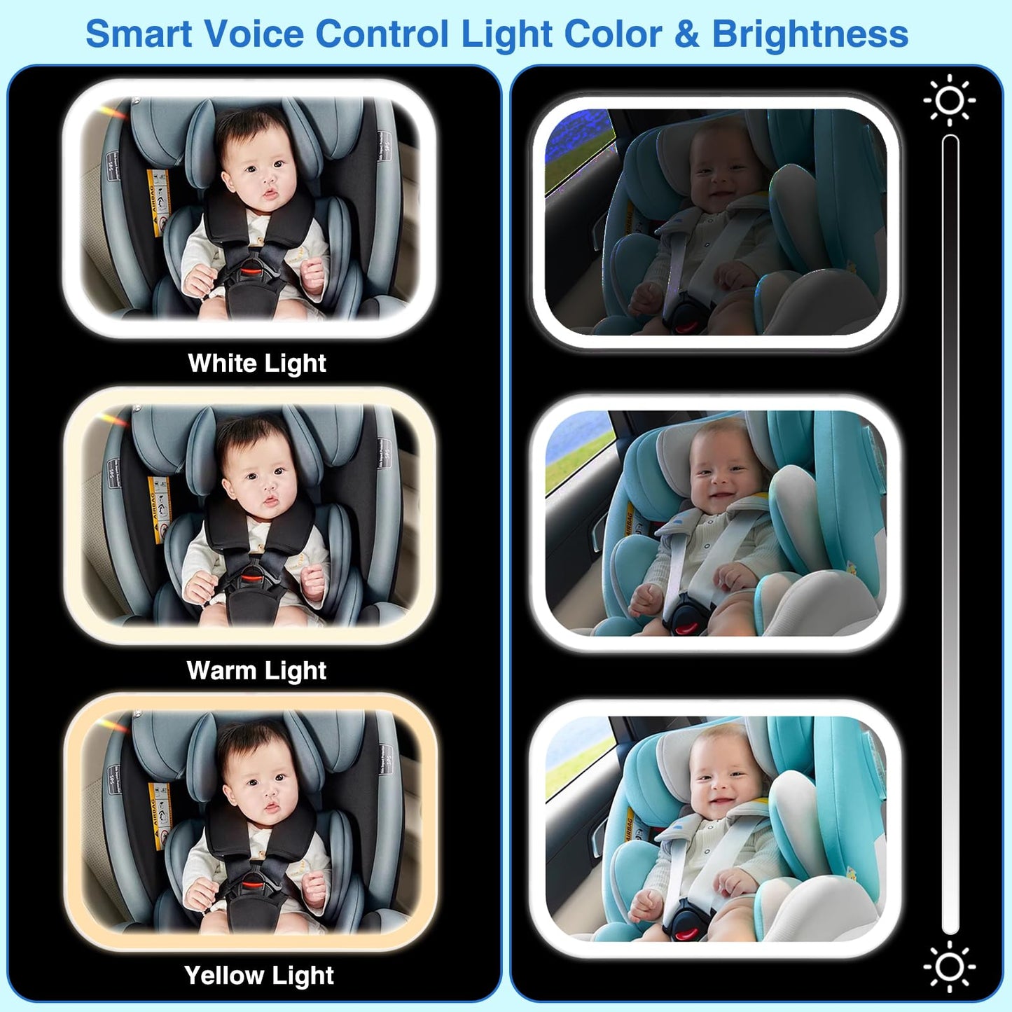 Smart Baby Car Mirror With Lights, Voice Control Safety Car Seat Mirror For Baby Rear Facing Infant With Wide Crystal Clear View