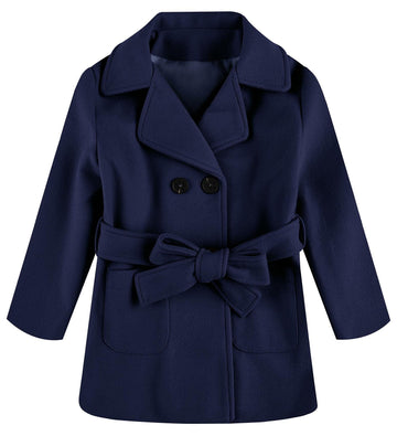 Baby Kids Boys Girls Classic Wool Blend Coat Winter Double Breasted Trench Coat Outwear Pea Coat Jacket With Belt Navy