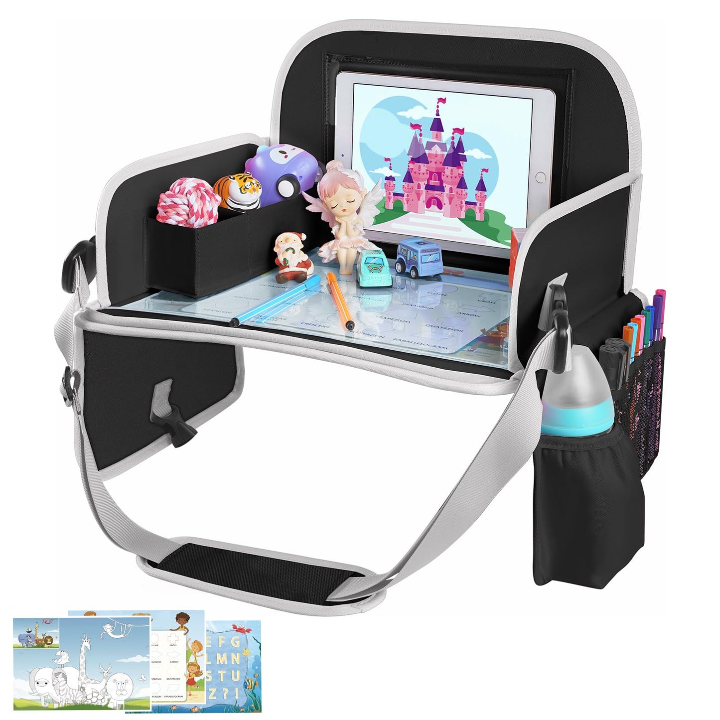 MENZOKE Kids Travel Tray for Toddler Car Seat, Toddler Gift for Boy Activities with Dry Erase Board & iPad Holder Stand, Road Tr