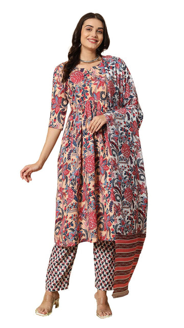 Fashion Basket Womens Cotton Printed Anarkali Kurta Beige