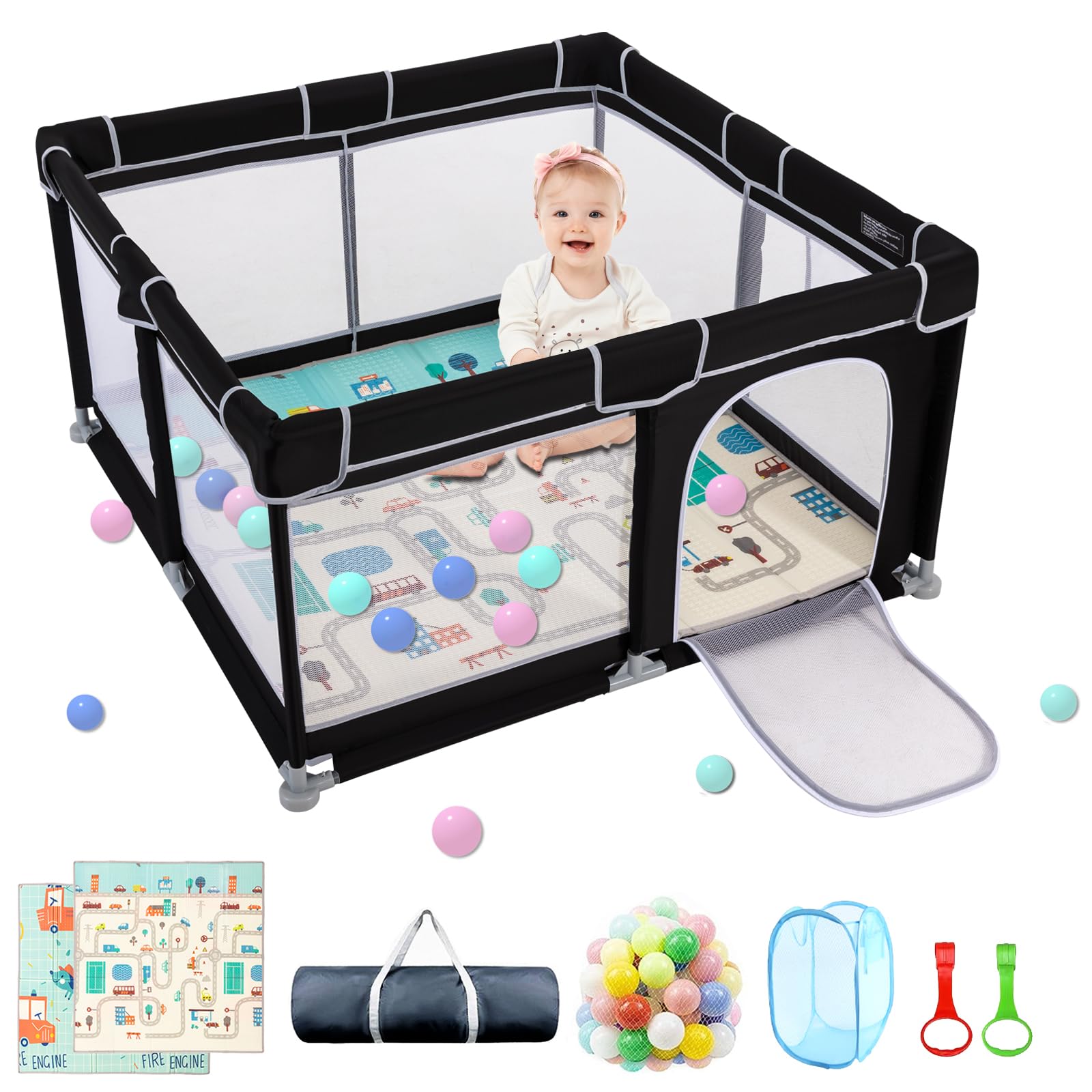 71x59 Large Playpen with Mat, Playpen for Babies and Toddlers, Baby Playards with Zipper Gate, Safe and Non-Slip Baby Fence, Ful