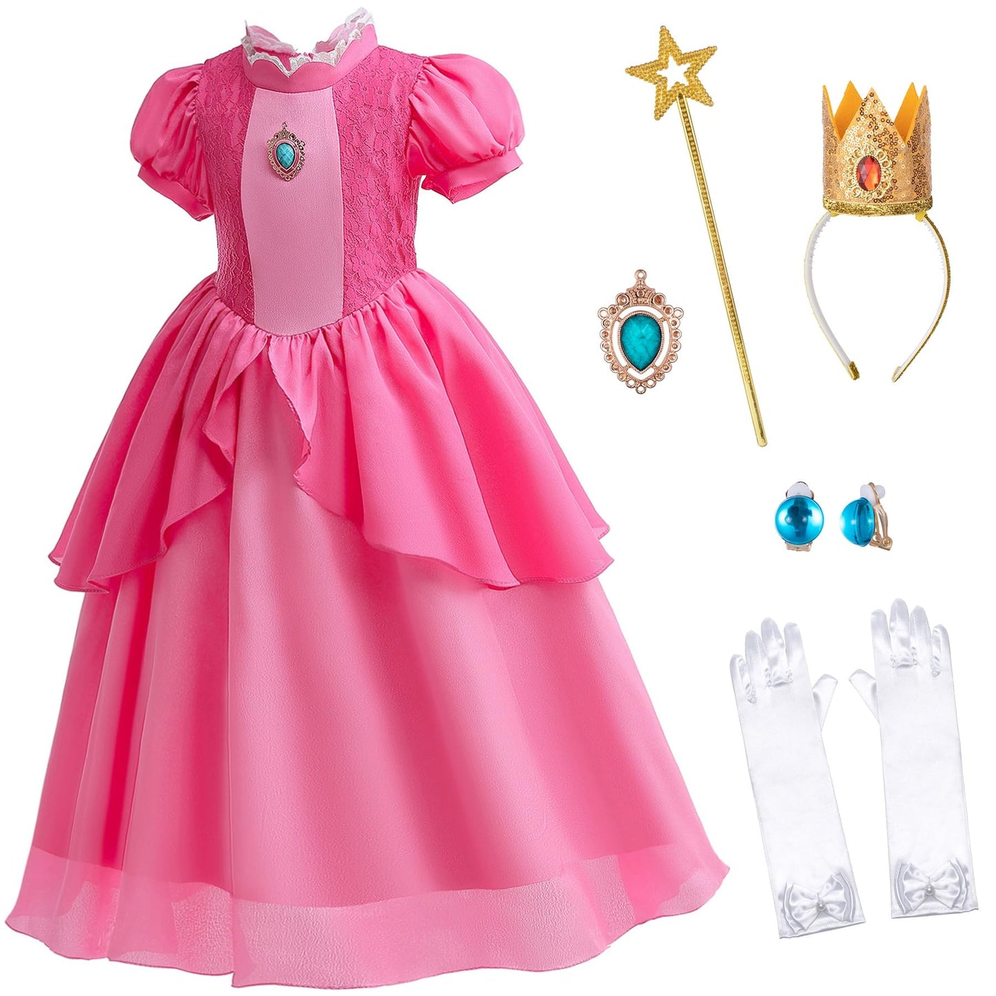 Kids Princess Peach Costume For Girls Dress Up With Crown Gloves Wand Earrings - Princess Peach Dress For Girls 6-7 Years