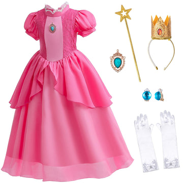 Princess Peach Costume For Little Girl'S Dress Up With Crown Gloves Wand Earrings - Princess Peach Dress For Kids 2T 3T