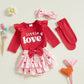 Beqeuewll Baby Girl Valentines Day Outfits Letter Print Long Sleeve Romper Tutu Skirt Headband Set Newborn Baby Girls Clothe (Li