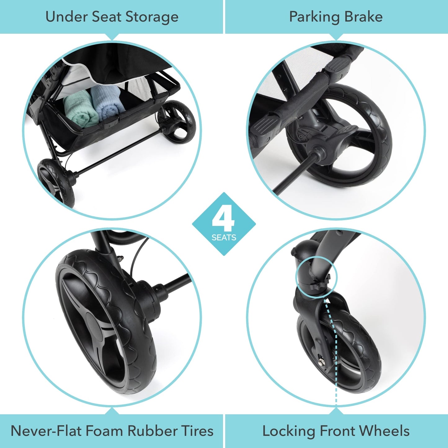 Gaggle By Foundations Odyssey 4 Seat Quad Stroller With Stroller Canopy And Bench Seats, 5 Point Harness, Foot Brake, Shock Abso