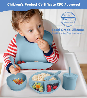 Silicone Baby Feeding Set, 10 Pcs Baby Led Weaning Supplies With Suction Bowl Divided Plate Adjustable Bib Soft Spoon Fork Snack