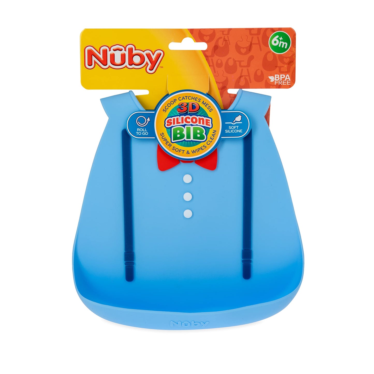 Nuby 3D Soft Silicone Baby Bib With Scoop - Silicone Bib For Toddlers And Babies 6+ Months - Suspenders And Bow Tie