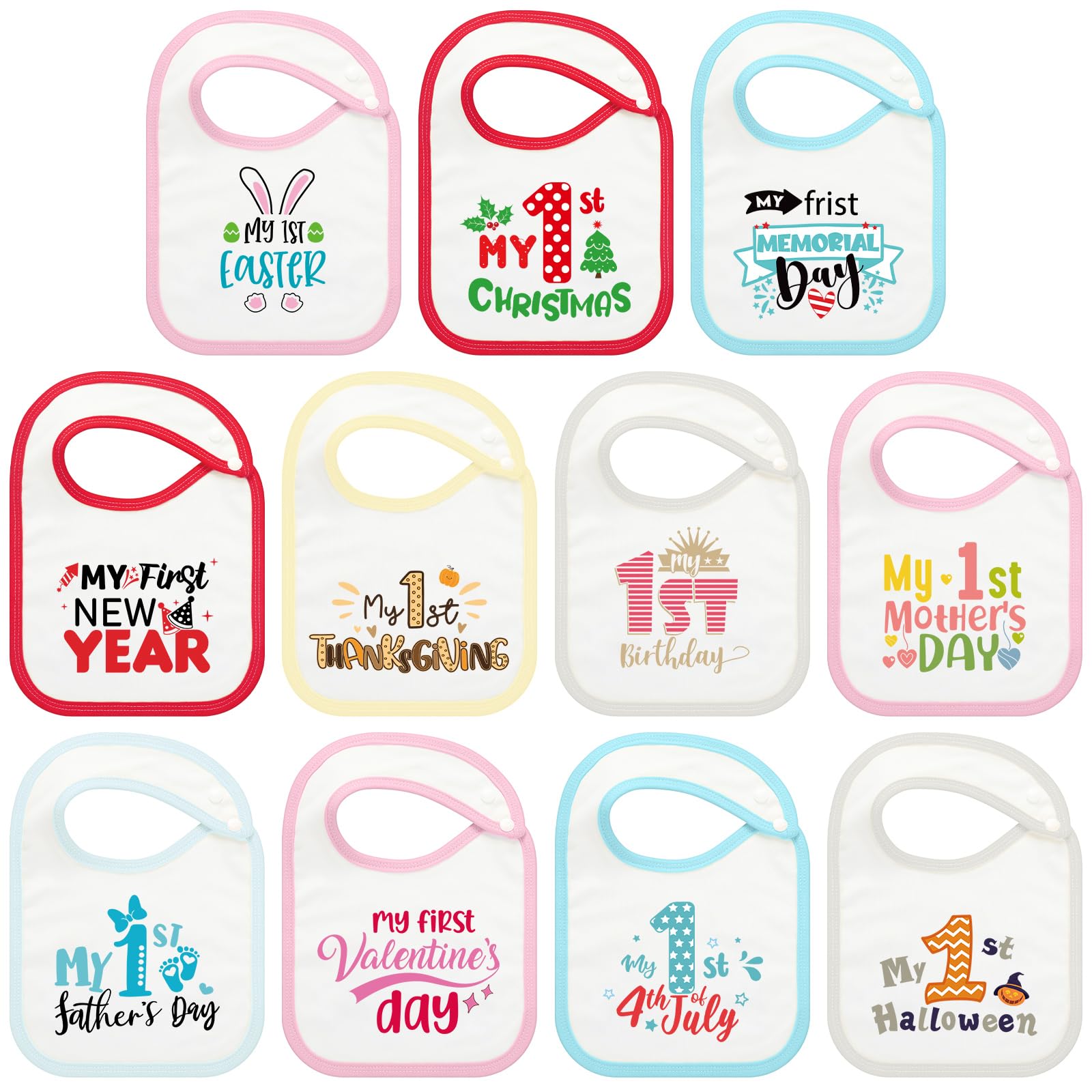Cuffbow 11 Pcs Baby First Holiday Bibs Set, Girls Boys My First 1st Valentine Easter Birthday New Year Mother Father Day 4th of 