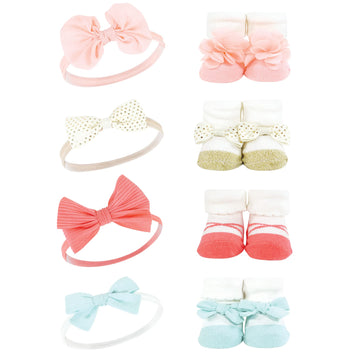 Hudson Baby Infant Girl Headband And Socks Giftset, Coral Gold 8-Piece, One Size