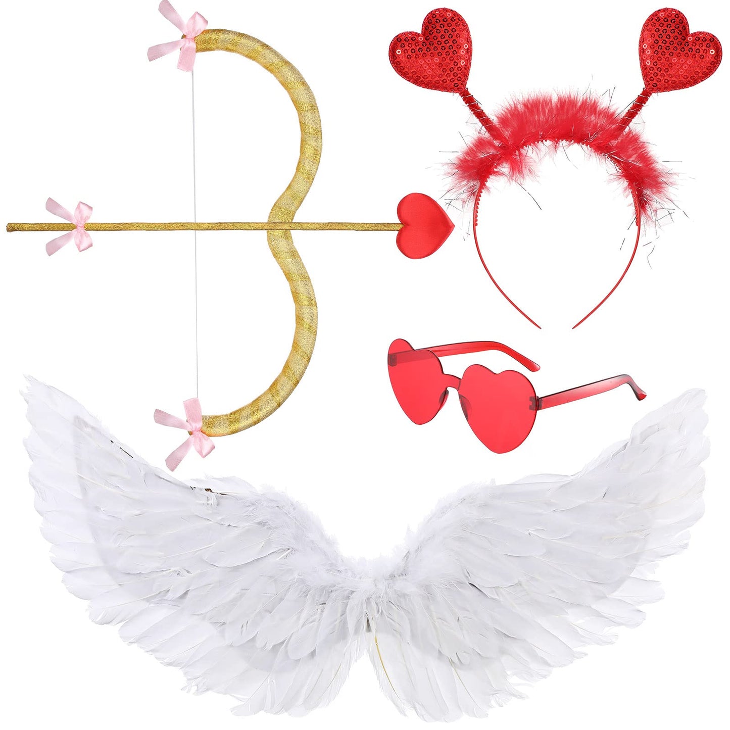Costume Set, Cupid Bow And Arrow Feather Wings Headwear Arrows Bow Valentine Heart Rimless Sunglasses For Kids 4+ (Fresh Style)