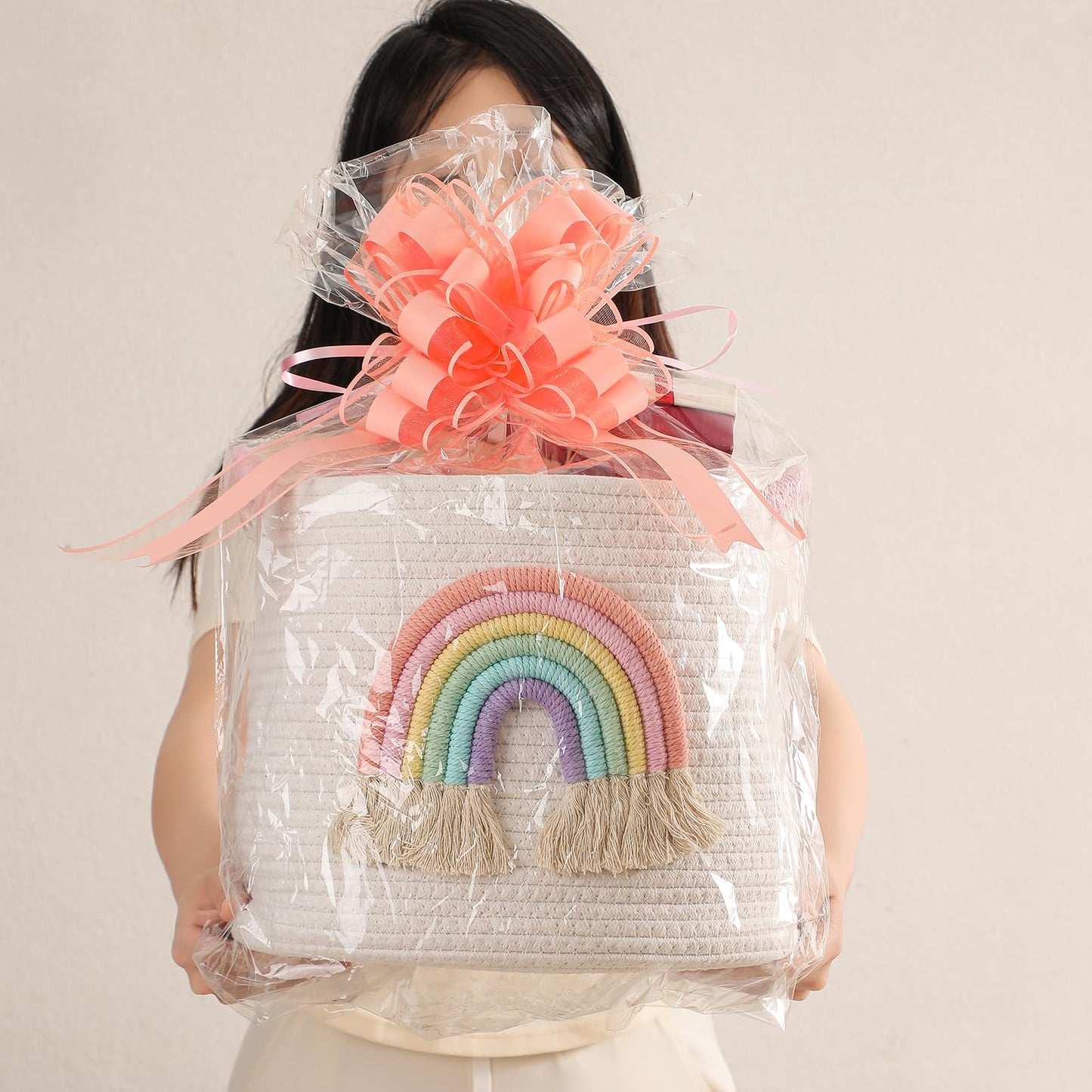 Inough Toy Storage Baskets Woven Cotton Rope Storage Basket With Rainbow Decor For Kids, Blanket Baskets For Living Room Toys Or