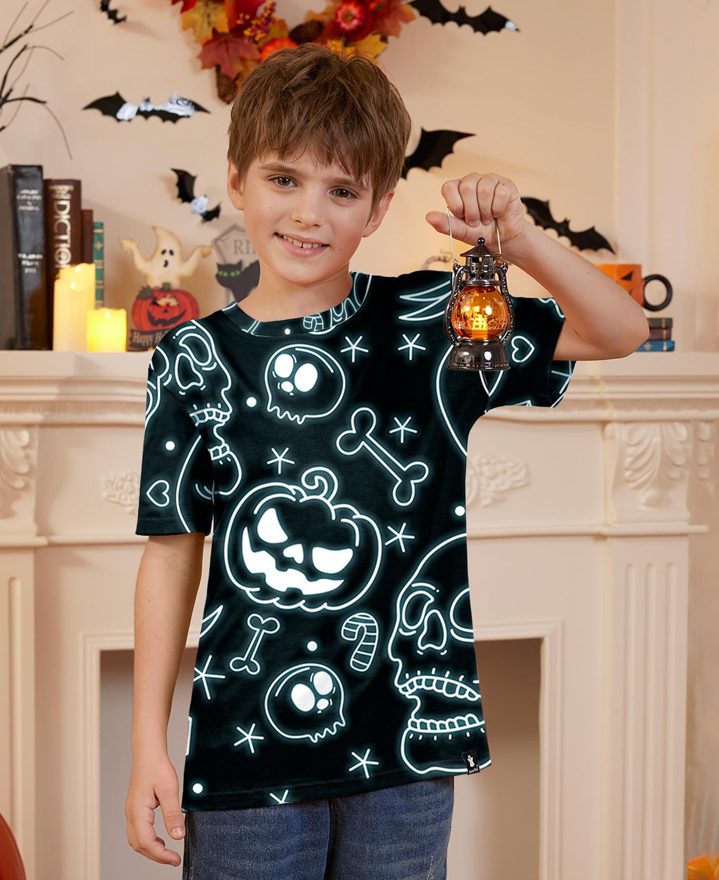 Halloween Unisex Kids Jack O' Lantern Skull Pumpkin Black Top Short Sleeve Party Shirt 10 Years