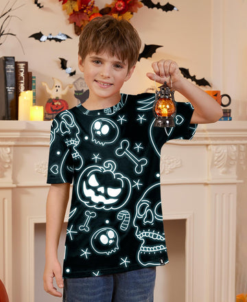 Halloween Unisex Kids Jack O' Lantern Skull Pumpkin Black Top Short Sleeve Party Shirt 10 Years