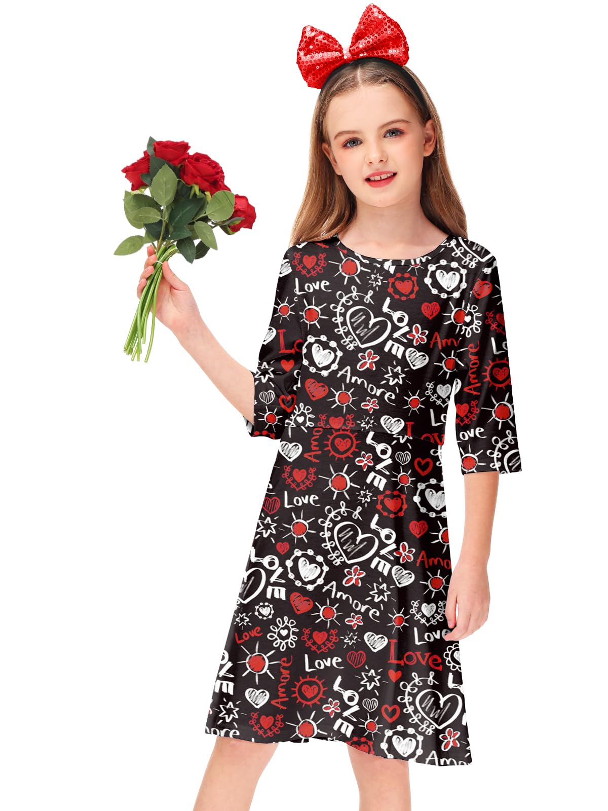 Girls Valentine Dresses Fancy Festival Graphic Printed Casual Family Party Cotton A-Line Dress 5-6 Years