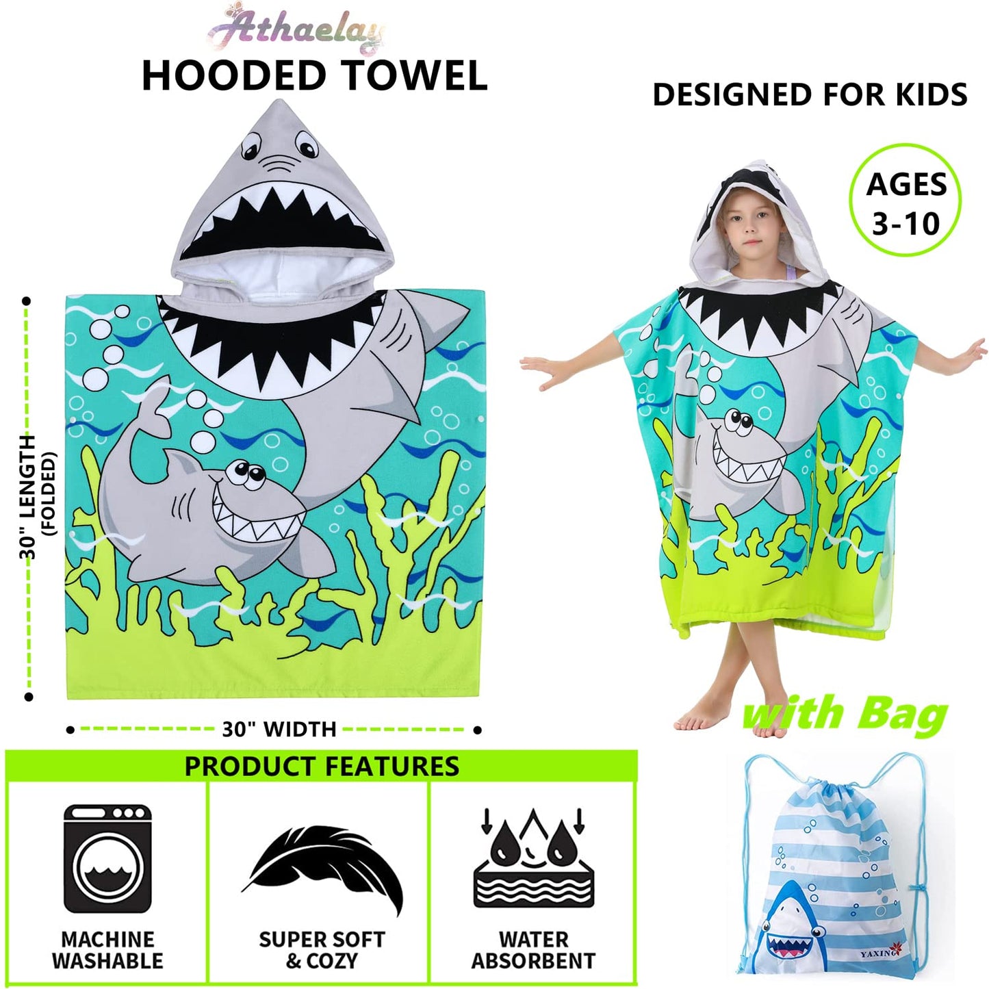 Athaelay Soft Microfiber Swim Cover-Ups For 3 To 10 Years Old Kids Hooded Bath Beach Poncho Towels With Carrying Bag (Big Shark,